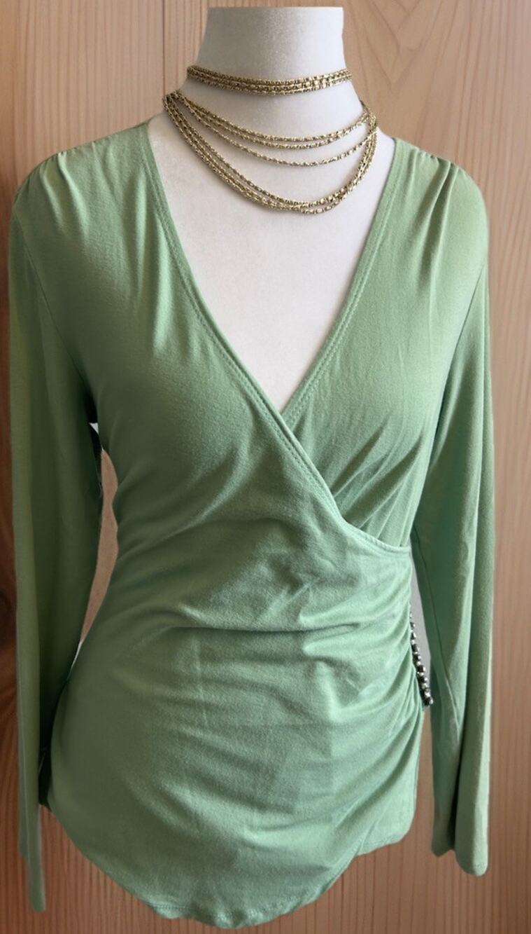 Soft Surroundings Top Womens Large Alondra Knit Green Stretch Ruched Bling PICS!
